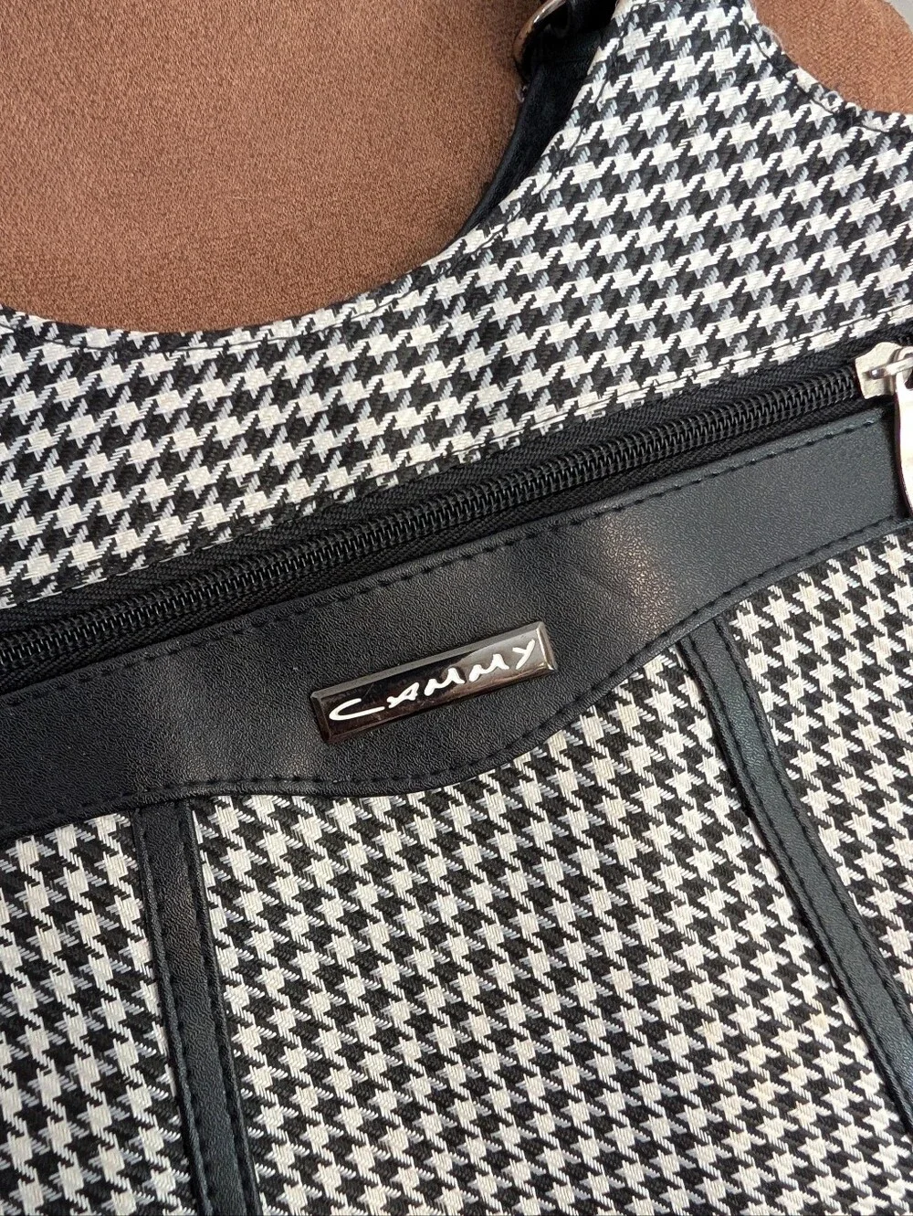 Black & White Houndstooth Shoulder Bag with Black Trim